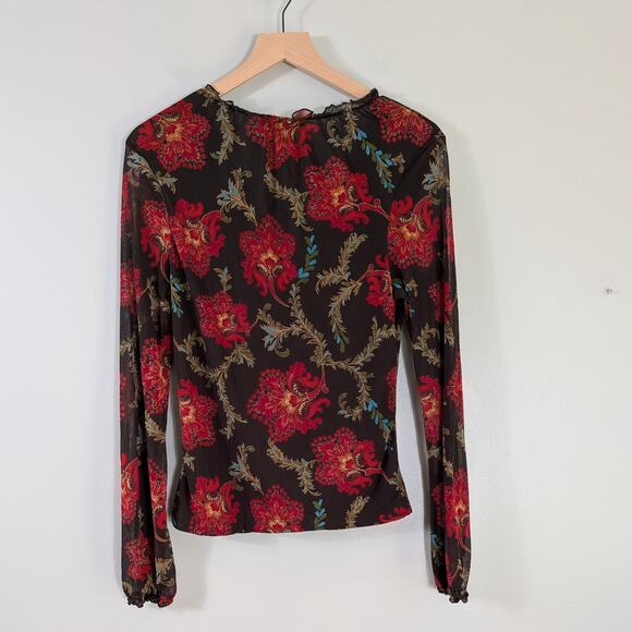 Y2K Express Mesh Top L Brown Red Floral Fairy Grunge Whimsigoth Ruffle Long Slv - Picture 3 of 11